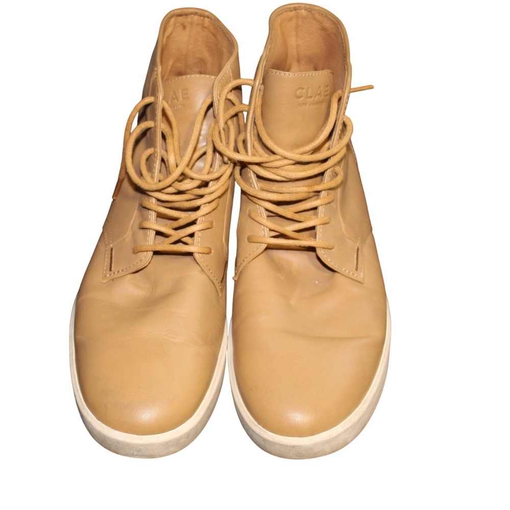 Clae Los Angeles Tan Leather Mid Top Sneakers Mens Minimalist Lace Up Shoes 11.5
